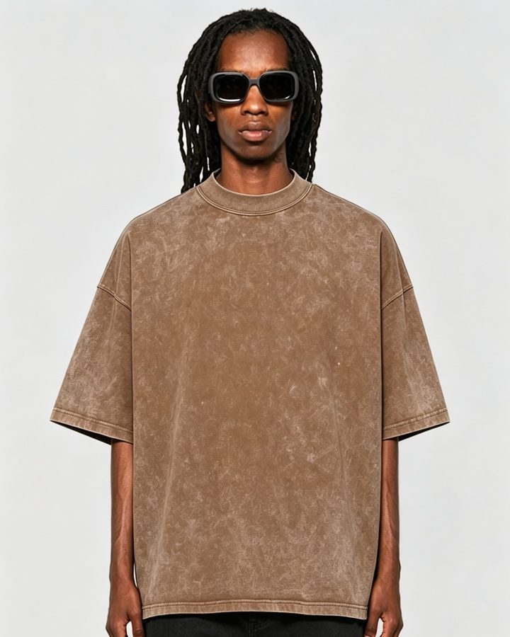 Walnut acid-wash heavyweight tee worn by a model
