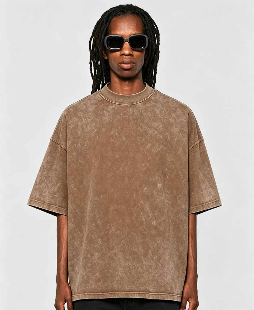 Walnut acid-wash heavyweight tee worn by a model