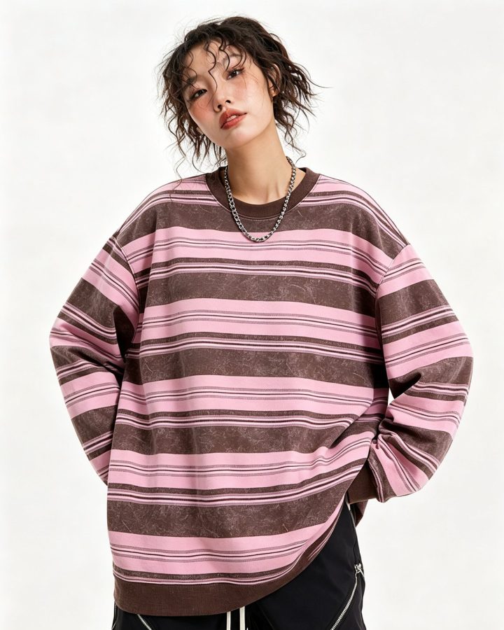 Blush striped knit sweater worn by a model
