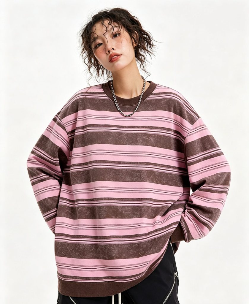 Blush striped knit sweater worn by a model