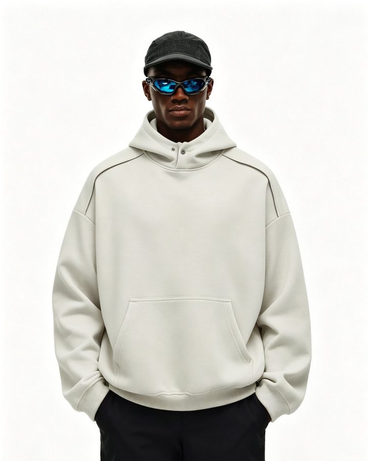 Bone heavyweight pullover hoodie worn by a model, front view
