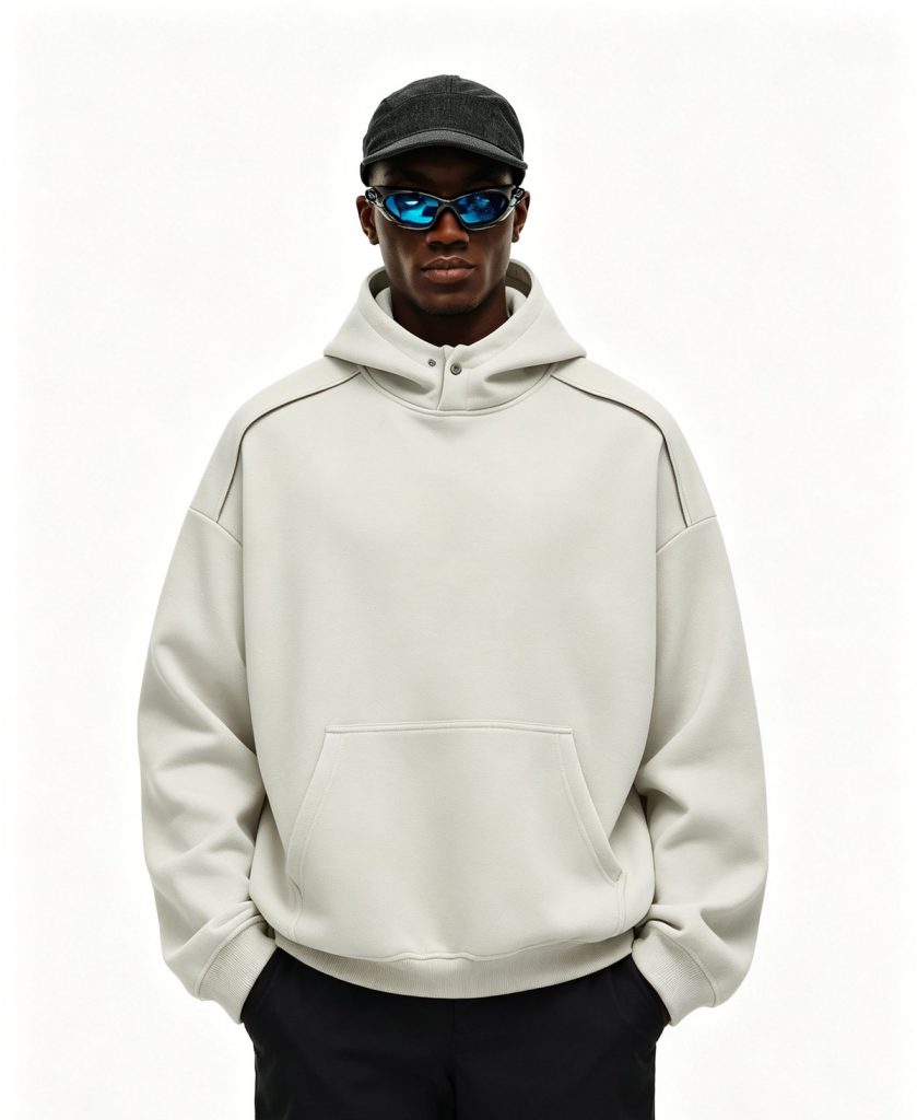 Bone heavyweight pullover hoodie worn by a model, front view