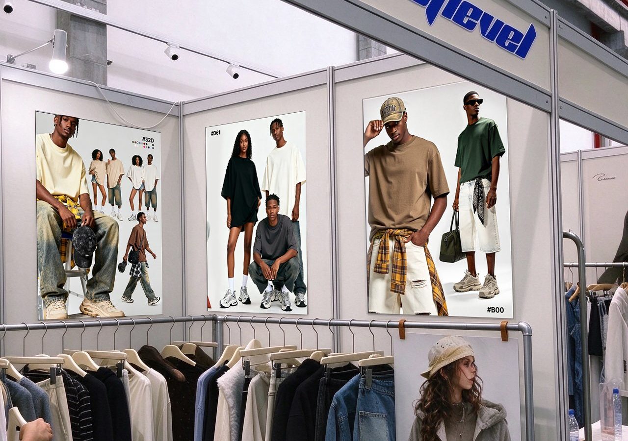 Corner of the EASTLEVEL trade show booth with garment rails and posters
