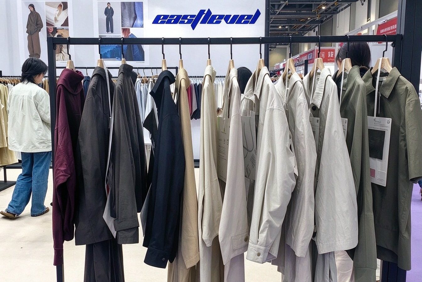 Sample jackets and coats on rails inside the exhibition booth