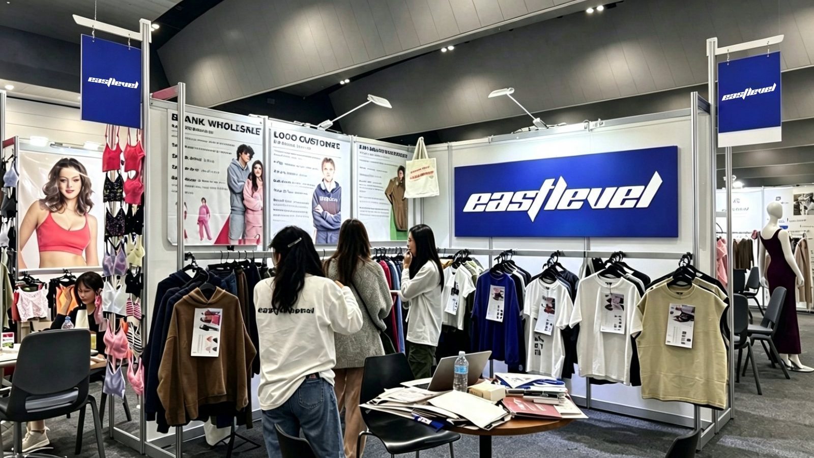 Wide view of the EASTLEVEL exhibition booth with visitors and sample rails