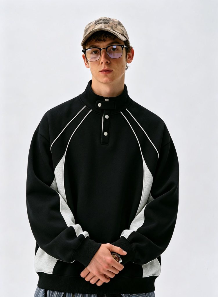 Black and white half-zip track jacket with contrast piping