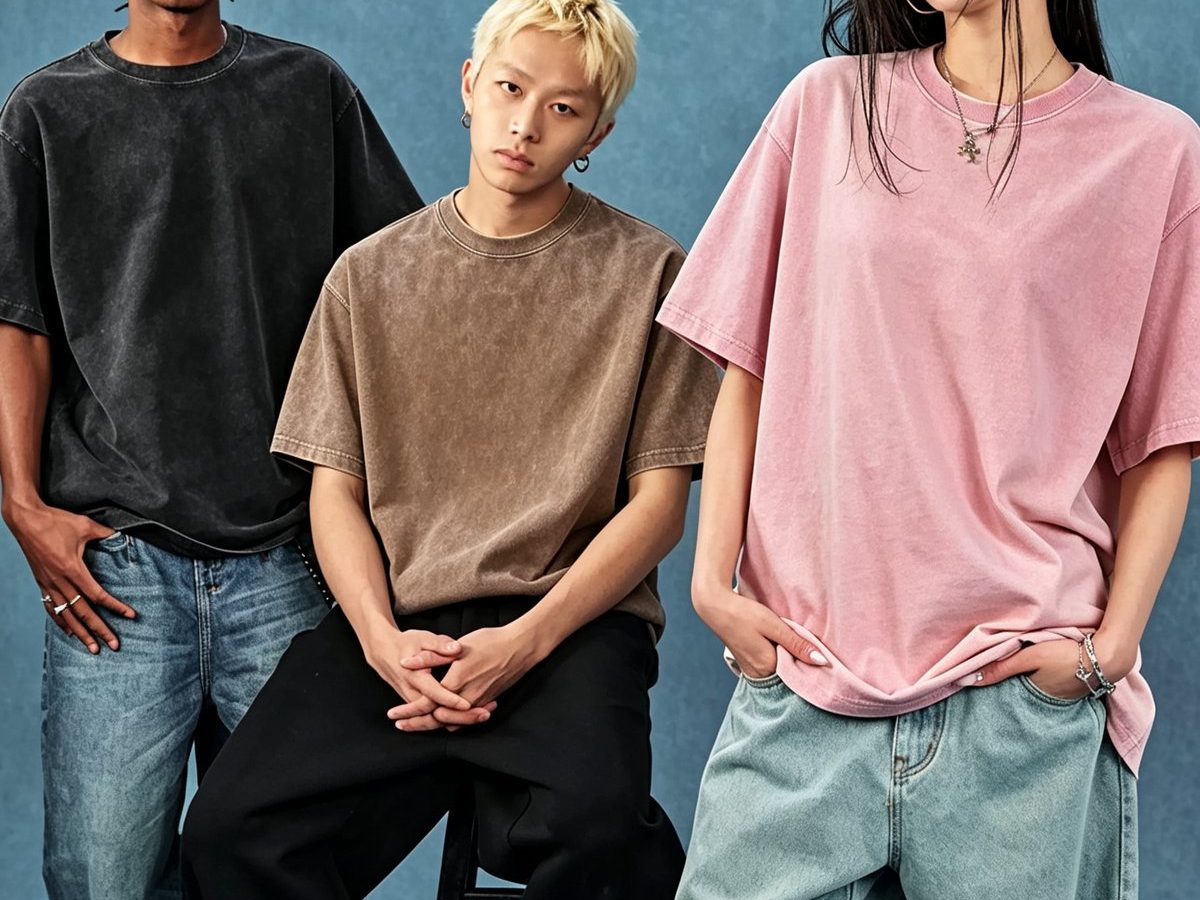 Three models styled in washed tees and denim for a streetwear campaign reference