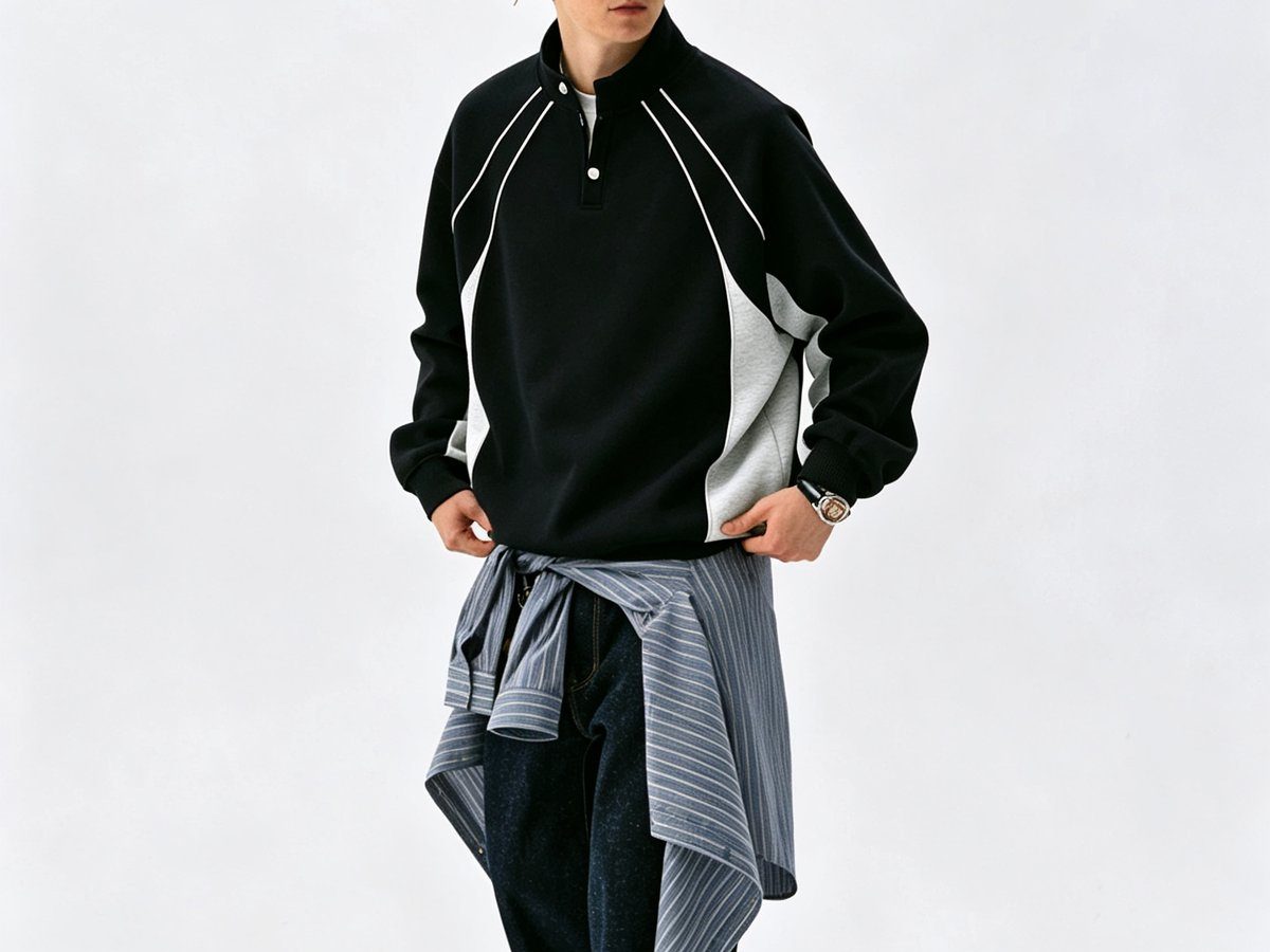 Model wearing a black hoodie photographed against a white wall