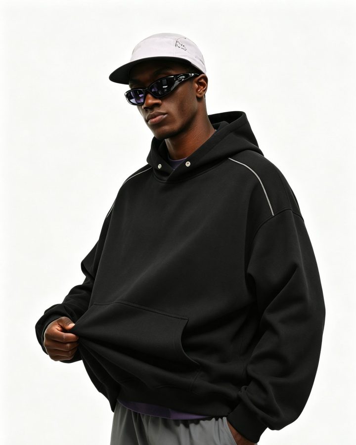 Black heavyweight pullover hoodie worn by a model, front view