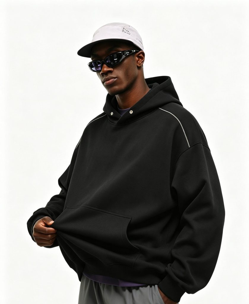 Black heavyweight pullover hoodie worn by a model, front view