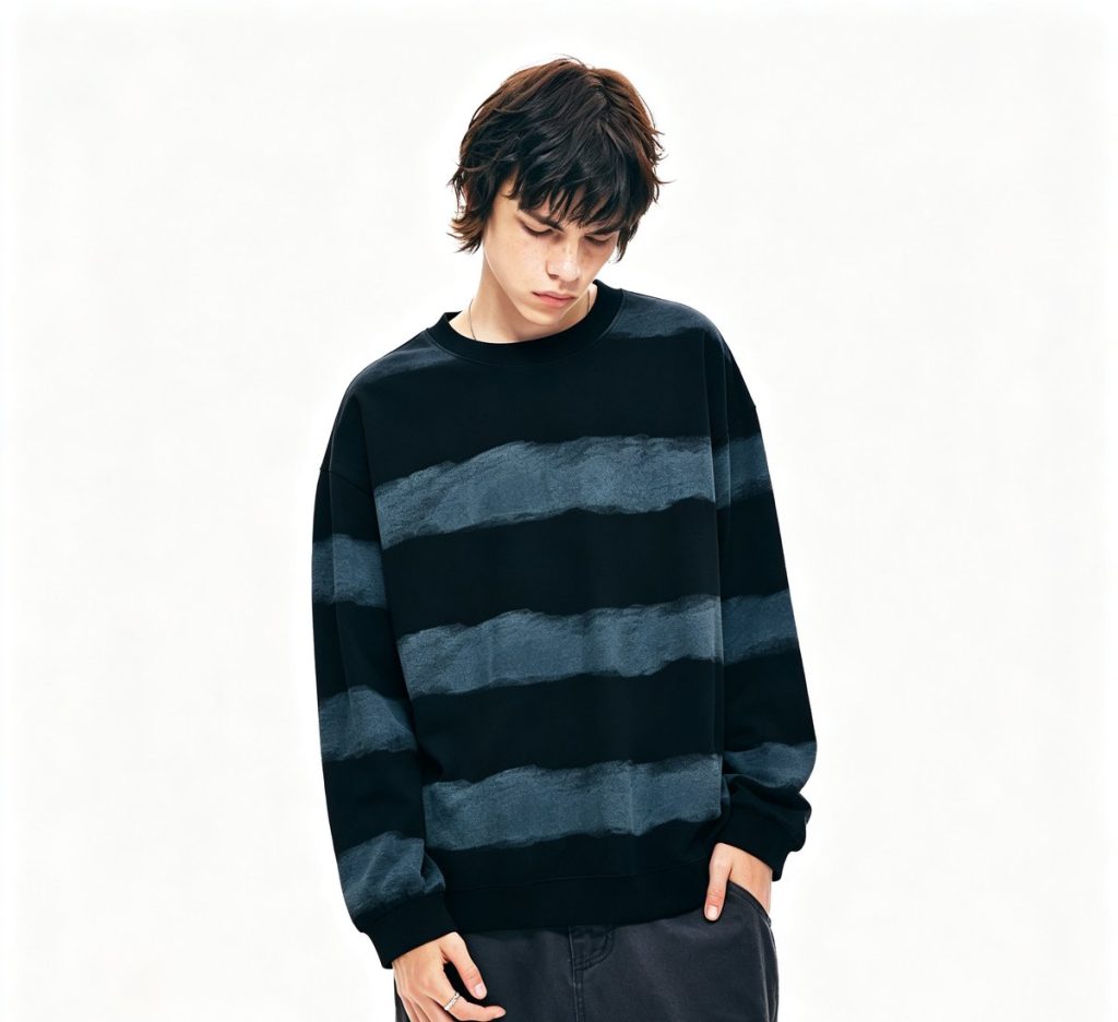 Navy striped knit sweater worn by a model