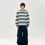 Striped knit sweater shown from a second angle