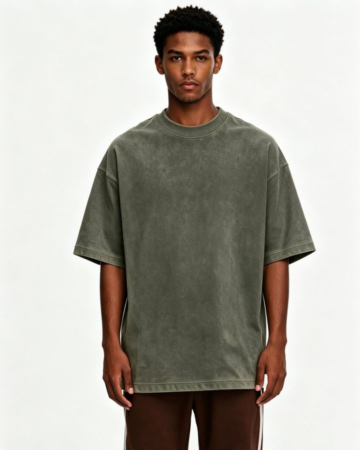 Oversized stone heavyweight tee worn by a model