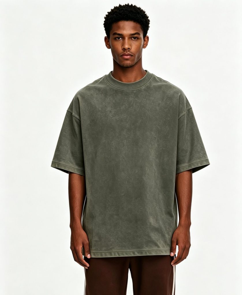 Oversized stone heavyweight tee worn by a model