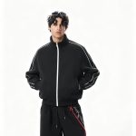 Navy retro track jacket with contrast stripes, full length