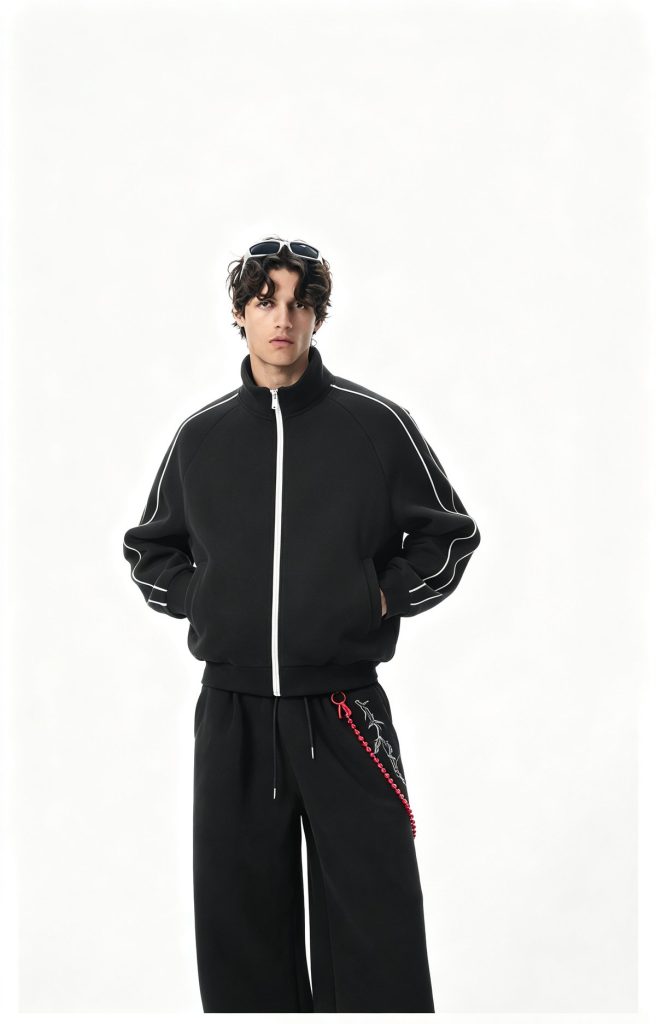 Navy retro track jacket with contrast stripes, full length