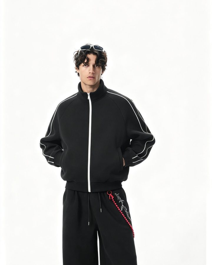 Navy retro track jacket with contrast stripes, full length