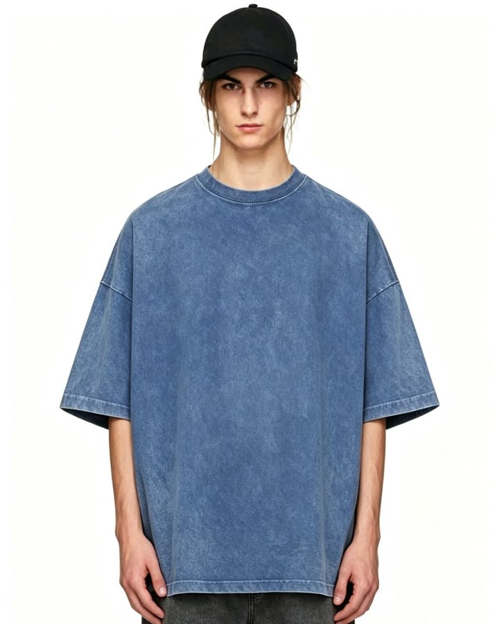 Washed blue heavyweight tee worn by a model