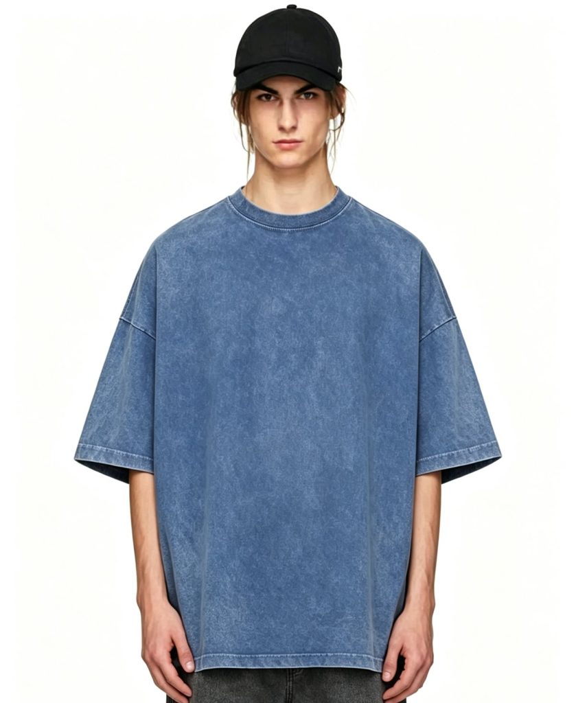 Washed blue heavyweight tee worn by a model