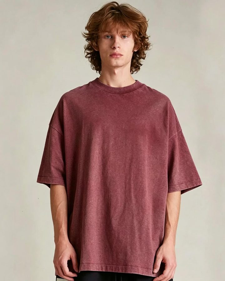 Washed burgundy heavyweight tee worn by a model