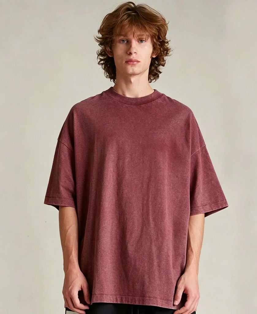 Washed burgundy heavyweight tee worn by a model