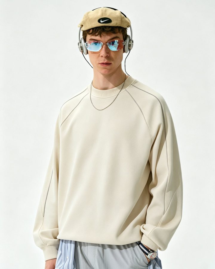 Cream raglan sweatshirt worn by a model, front view