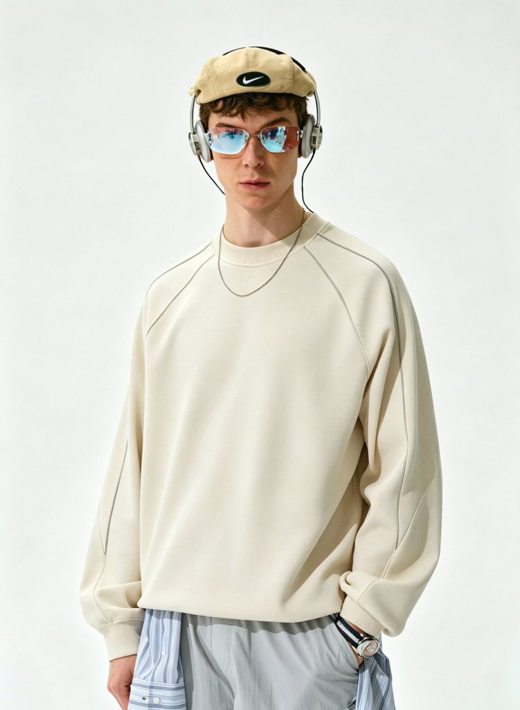 Cream raglan sweatshirt worn by a model, front view