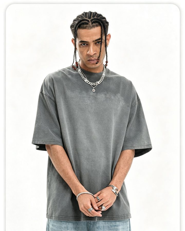 Washed olive heavyweight tee worn by a model