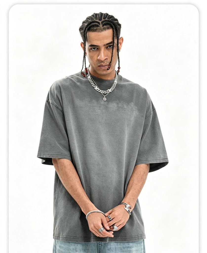Washed olive heavyweight tee worn by a model
