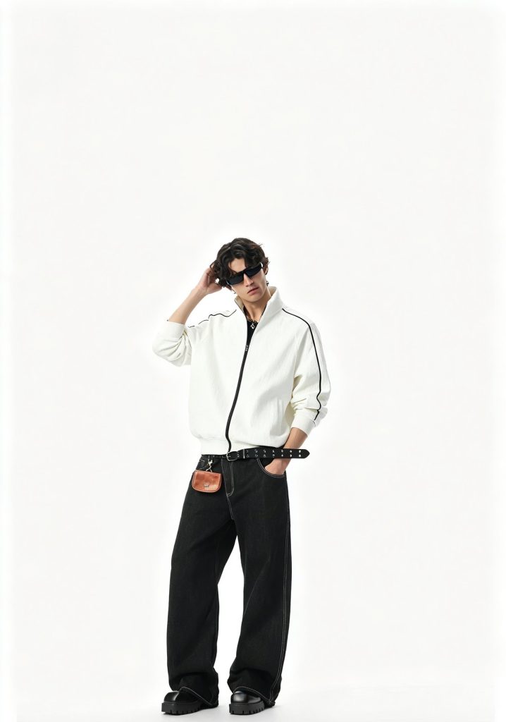 Bone zip-through hoodie worn with black trousers, full length view