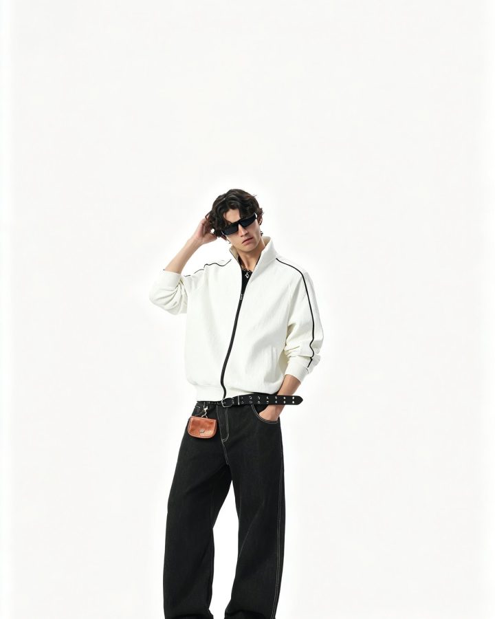 Bone zip-through hoodie worn with black trousers, full length view